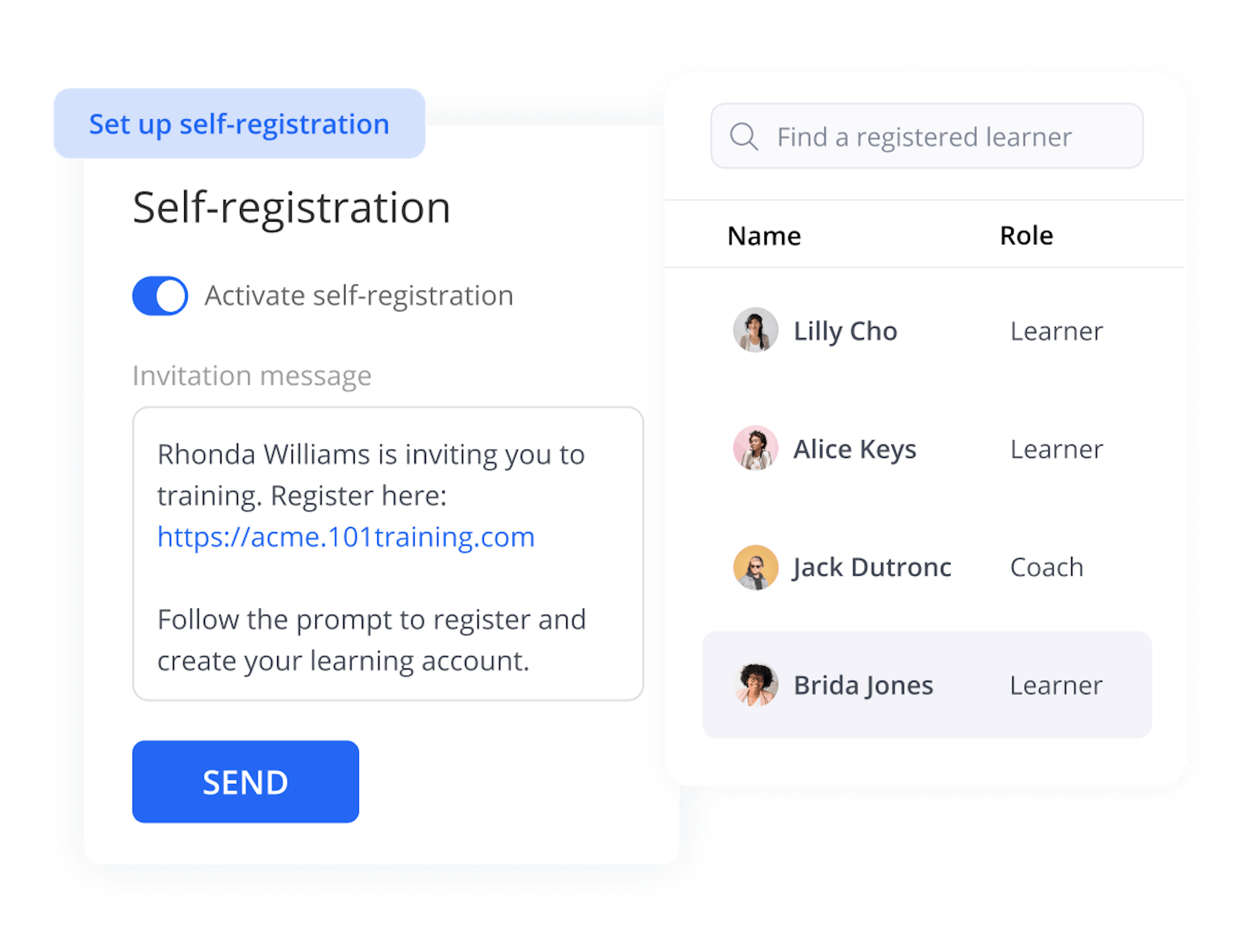 Admin shares magic link for learners to sign up and manages large amount of external training registrants.